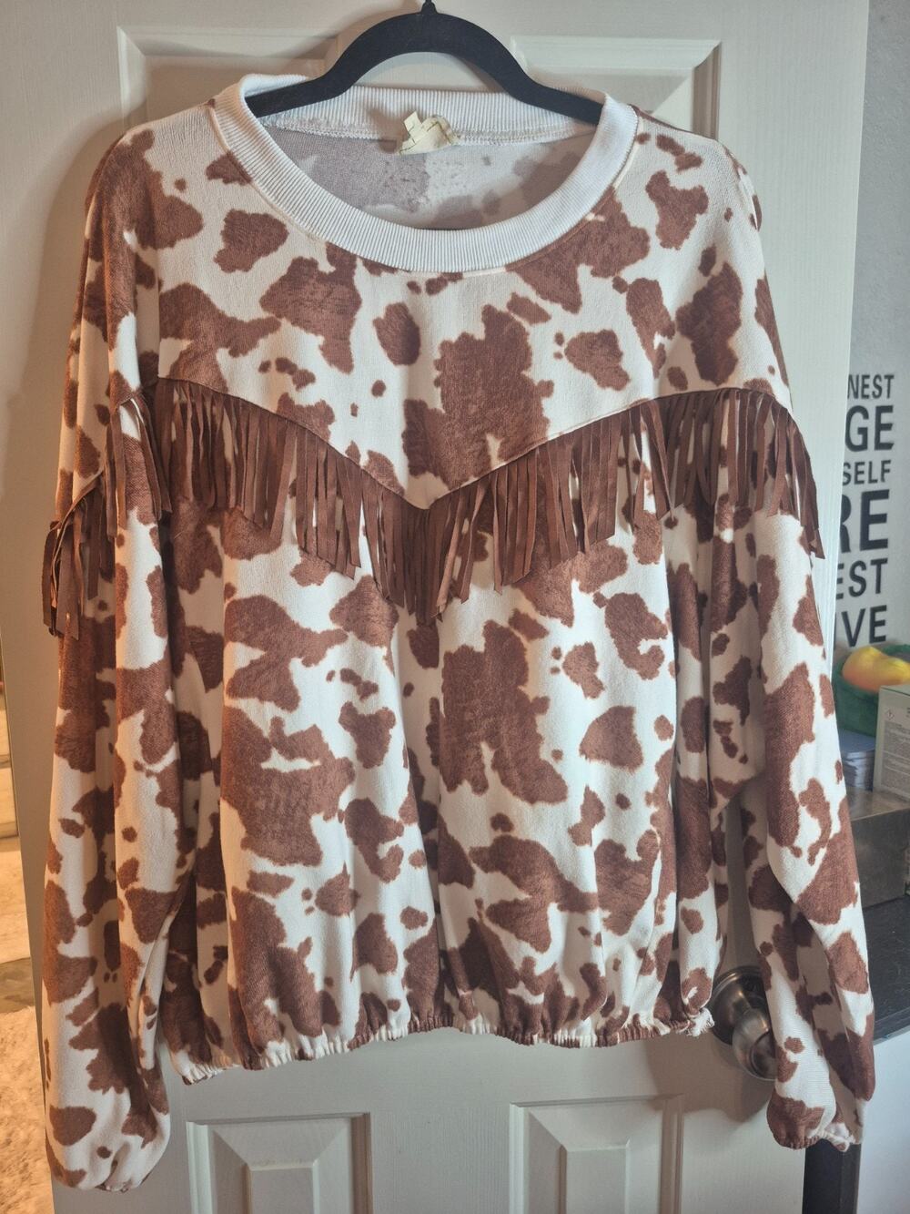 Cow Print Fringe Top Sterling & Stitch Buckle store size S Cowgirl Rodeo